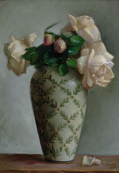 a painting with flowers in a vase