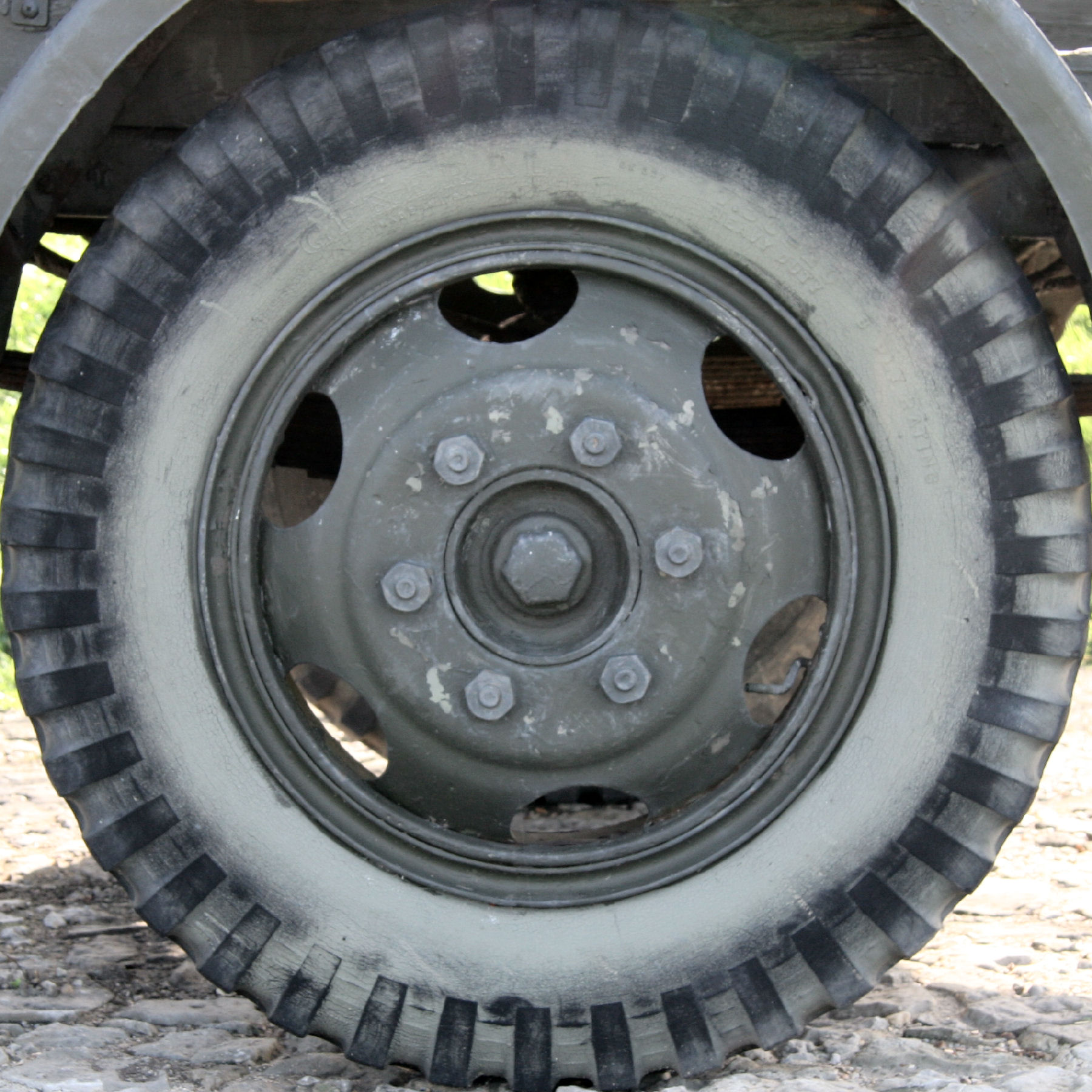 close up of a gray tire on a truck