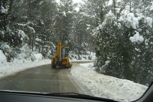 tractor on snowy road through dense area with trees