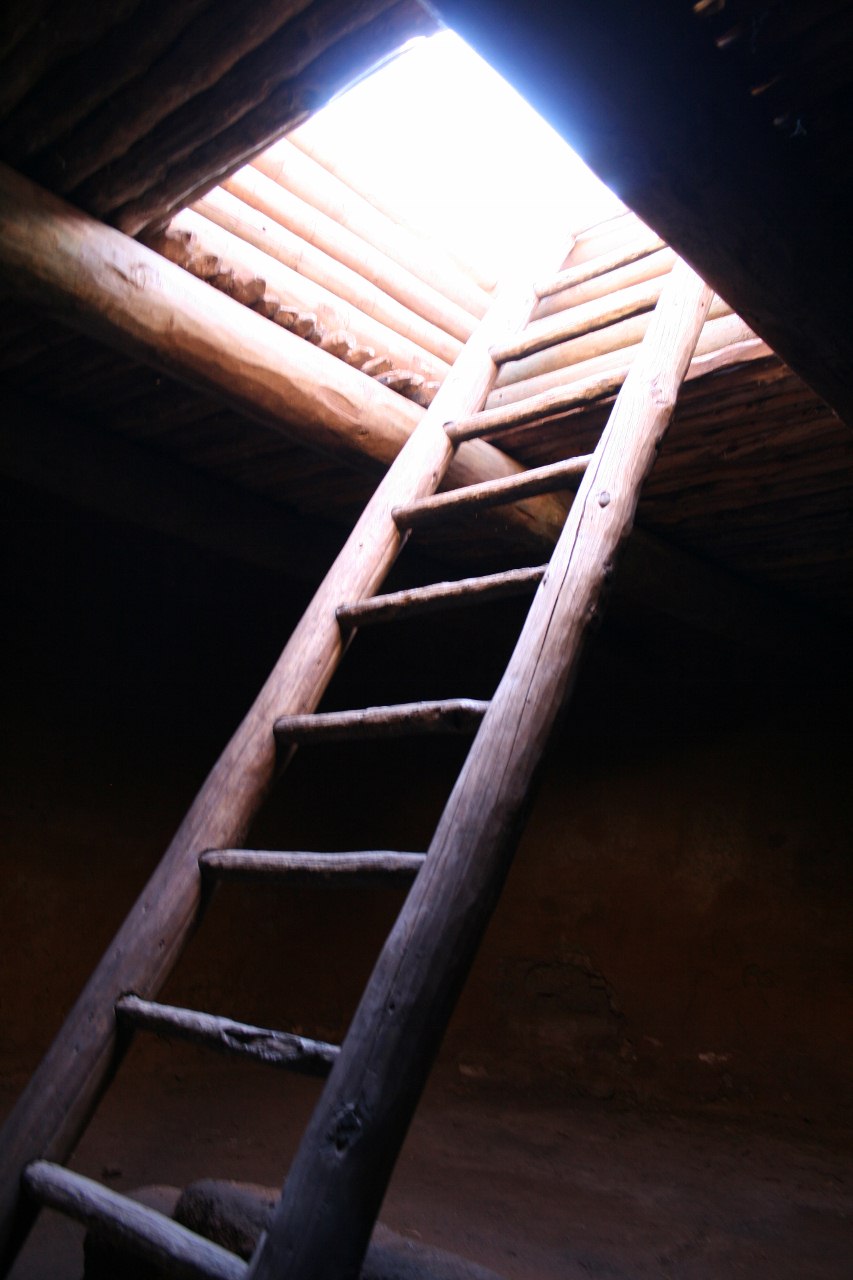 a ladder that is near the bottom of a roof