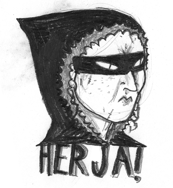 a drawing of a hooded person looking angry