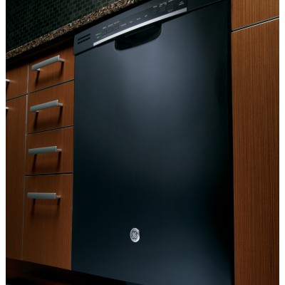 a black dishwasher sitting on top of wooden cabinets
