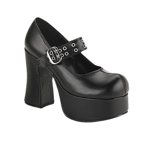 a women's black platform shoe with a metal buckle