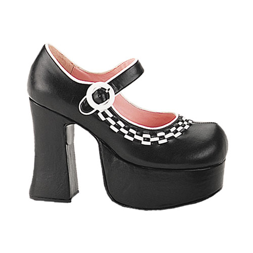 a black platform shoe with checkered straps