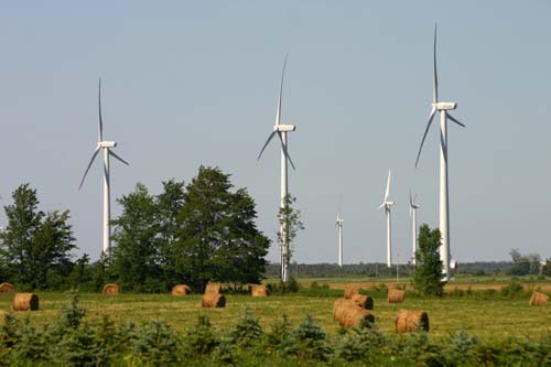 a group of wind turbines next to hay bales