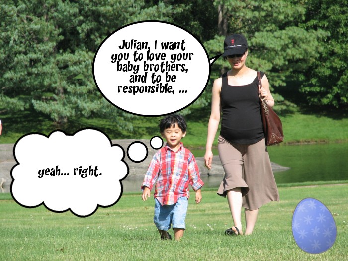 a woman and child are walking near a ball