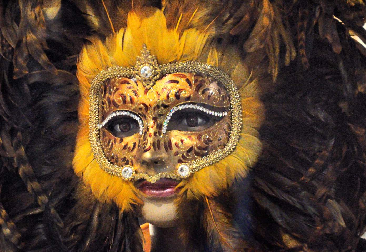 close - up of masked woman wearing ornate yellow and black mask