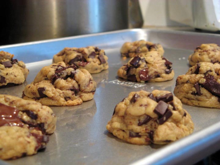 chocolate chip cookies with chocolate chips on a cookie sheet