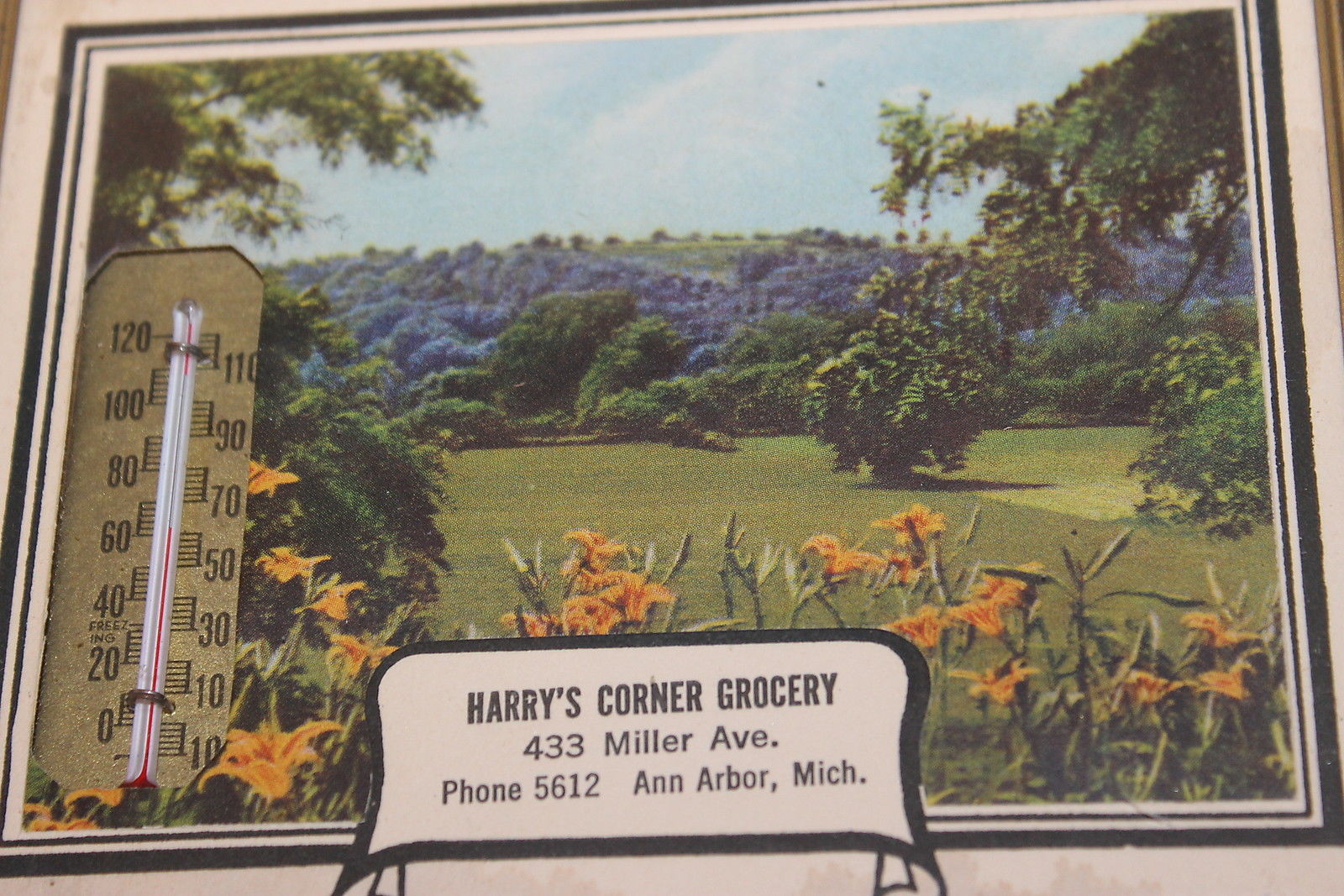 the back of a vintage brochure with flowers and a thermometer