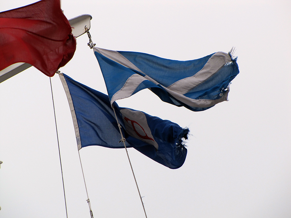 two flags with the letters d on them hanging from a beam