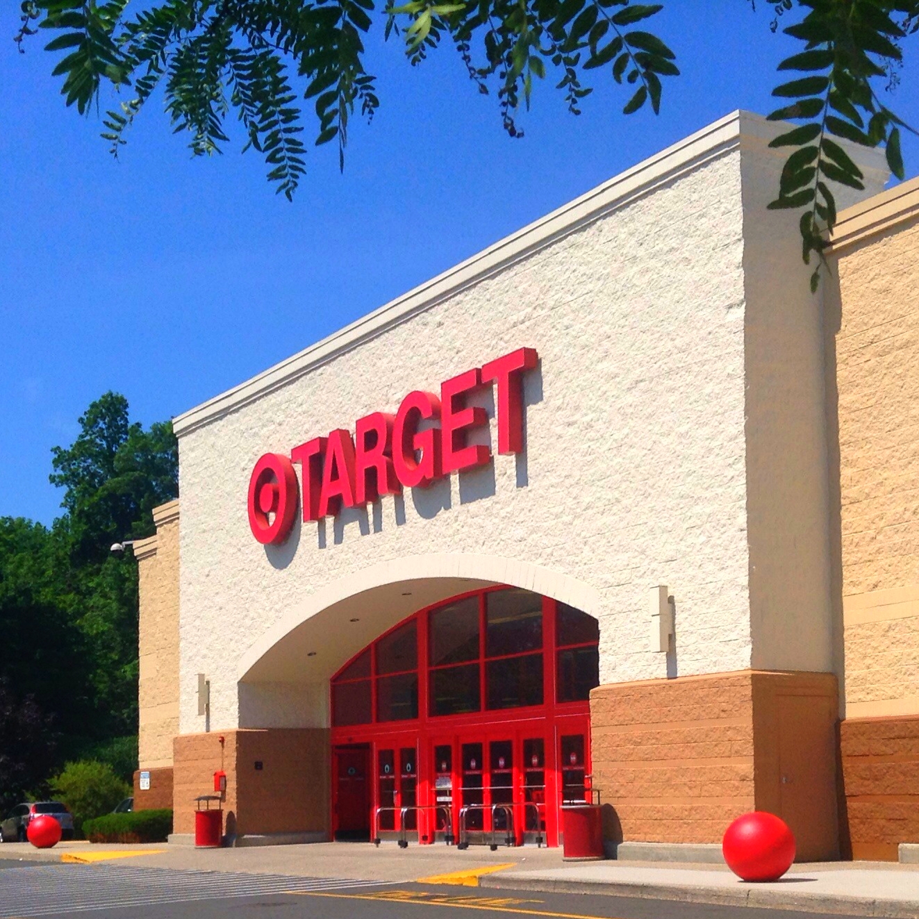 a target store building with red balls on the front