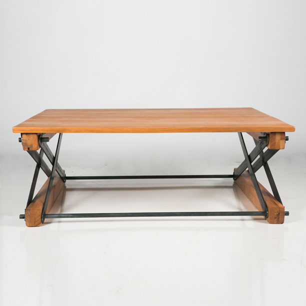 an old coffee table with a wooden top and metal legs