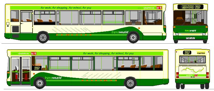 a green and white bus with an arrow at the front and a back