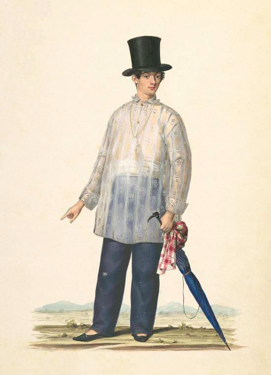 a drawing of a young man in a top hat holding an umbrella