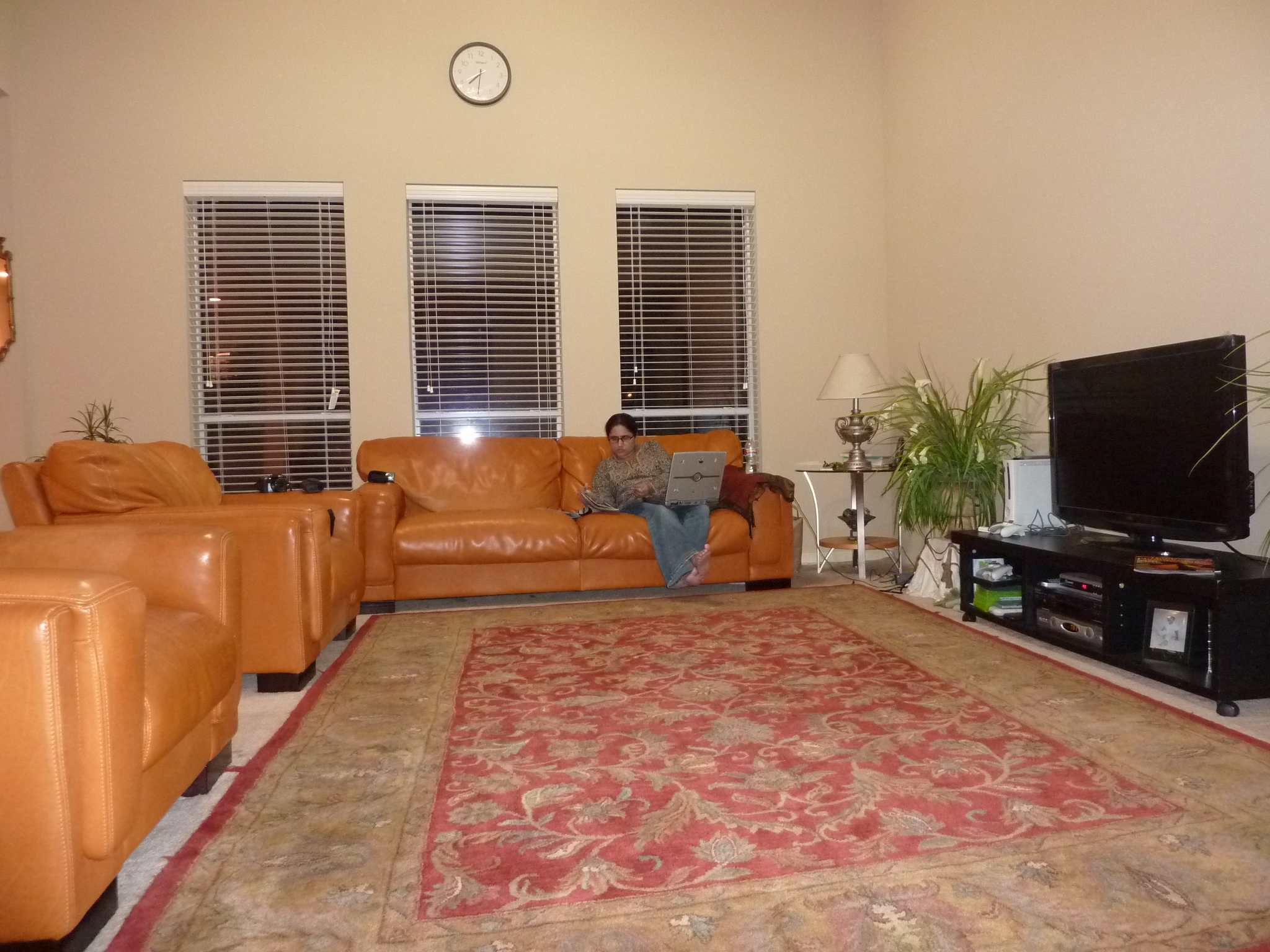 a living room has a rug and couches in it
