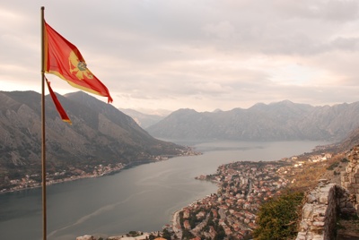 the flag of a town and lake at dusk