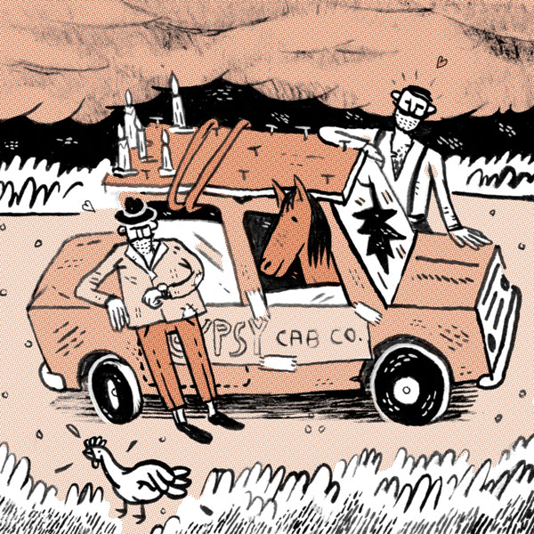 a drawing of two men with a car in the middle of nowhere