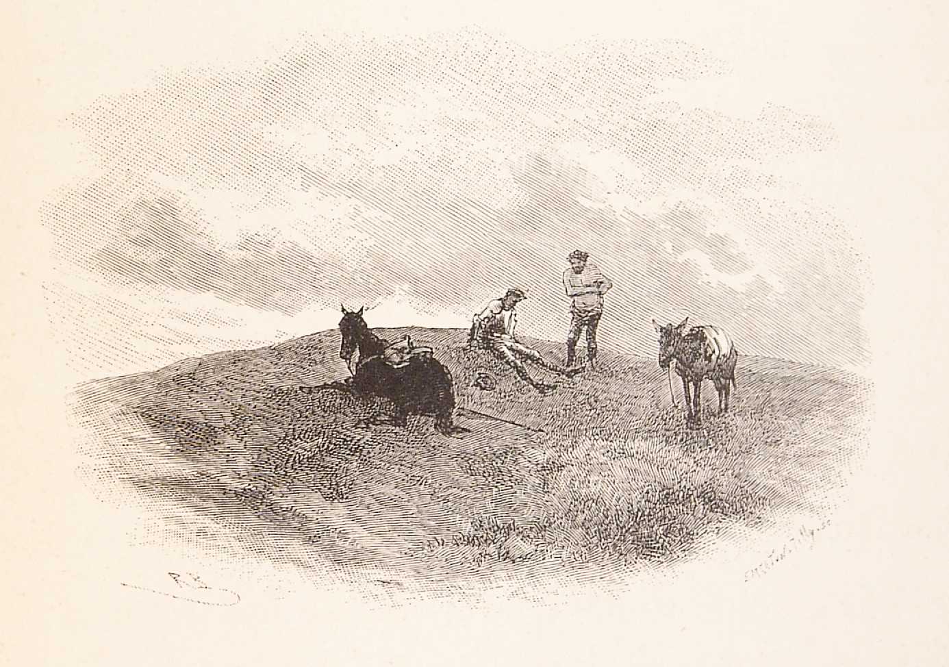 two men are standing on horses and working