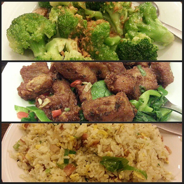 different pos of food on plates, with broccoli