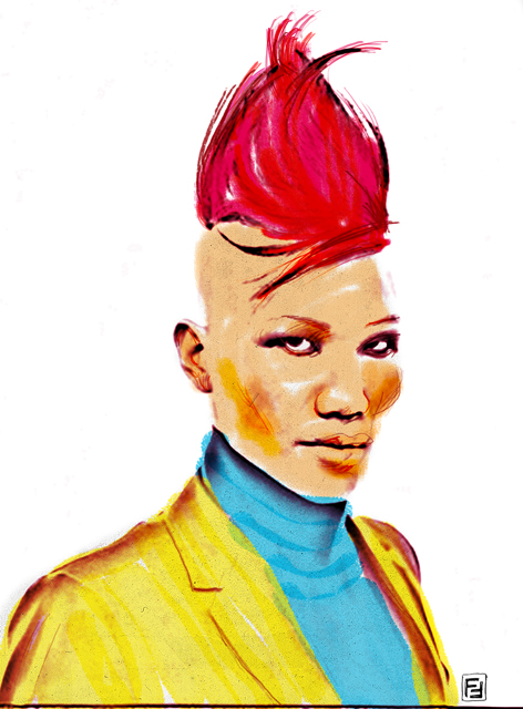 an artistic portrait of a female wearing a yellow jacket and pink hair