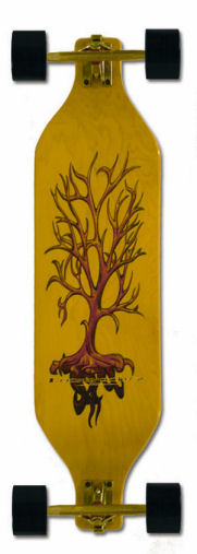 a longboard with an artistic tree on it