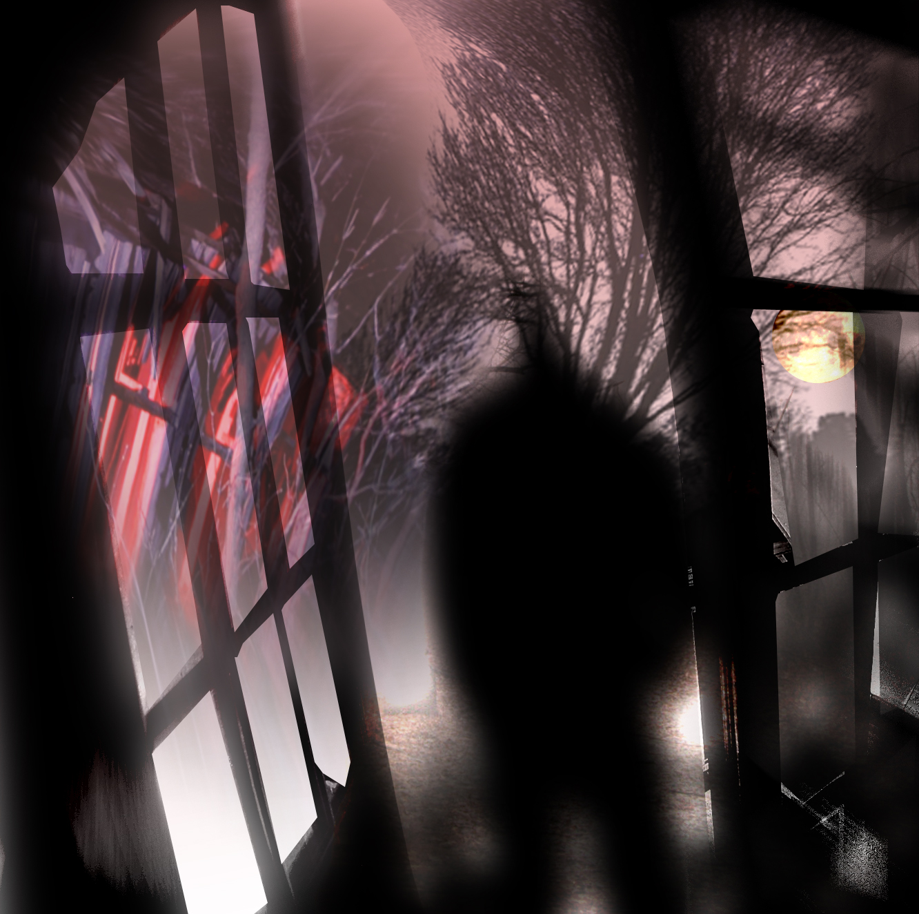 the night scene shows a dark city with buildings and fog