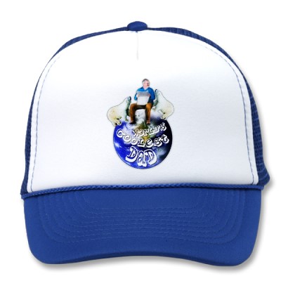 a trucker cap with a horse that is blue and white