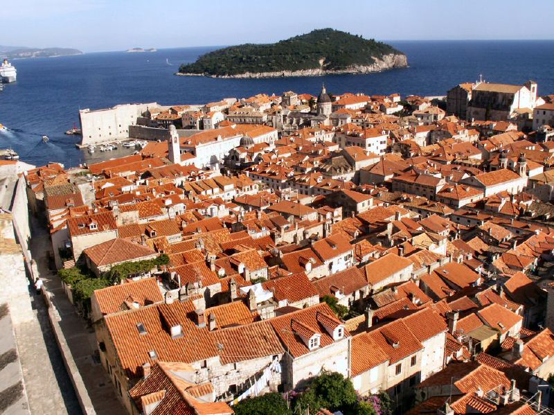 the roofs of buildings are lined with sea and mountain in the background