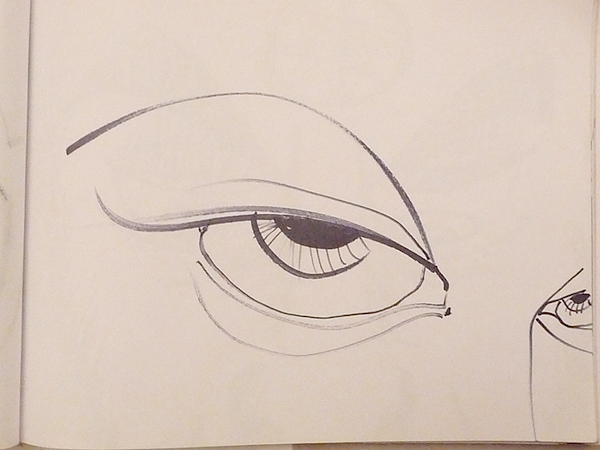 a drawing with black lines and a persons eye