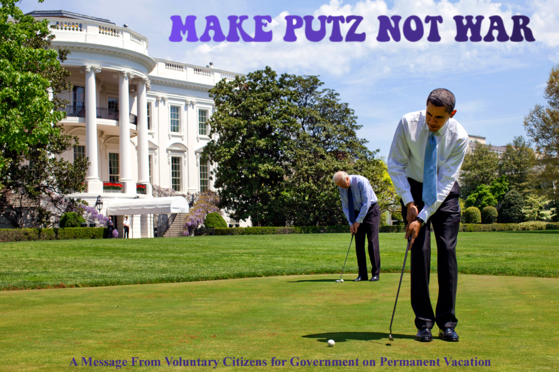 two men in suits and ties playing golf in front of a white house
