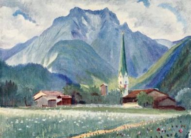 a painting of a mountain landscape has a church steeple in the foreground