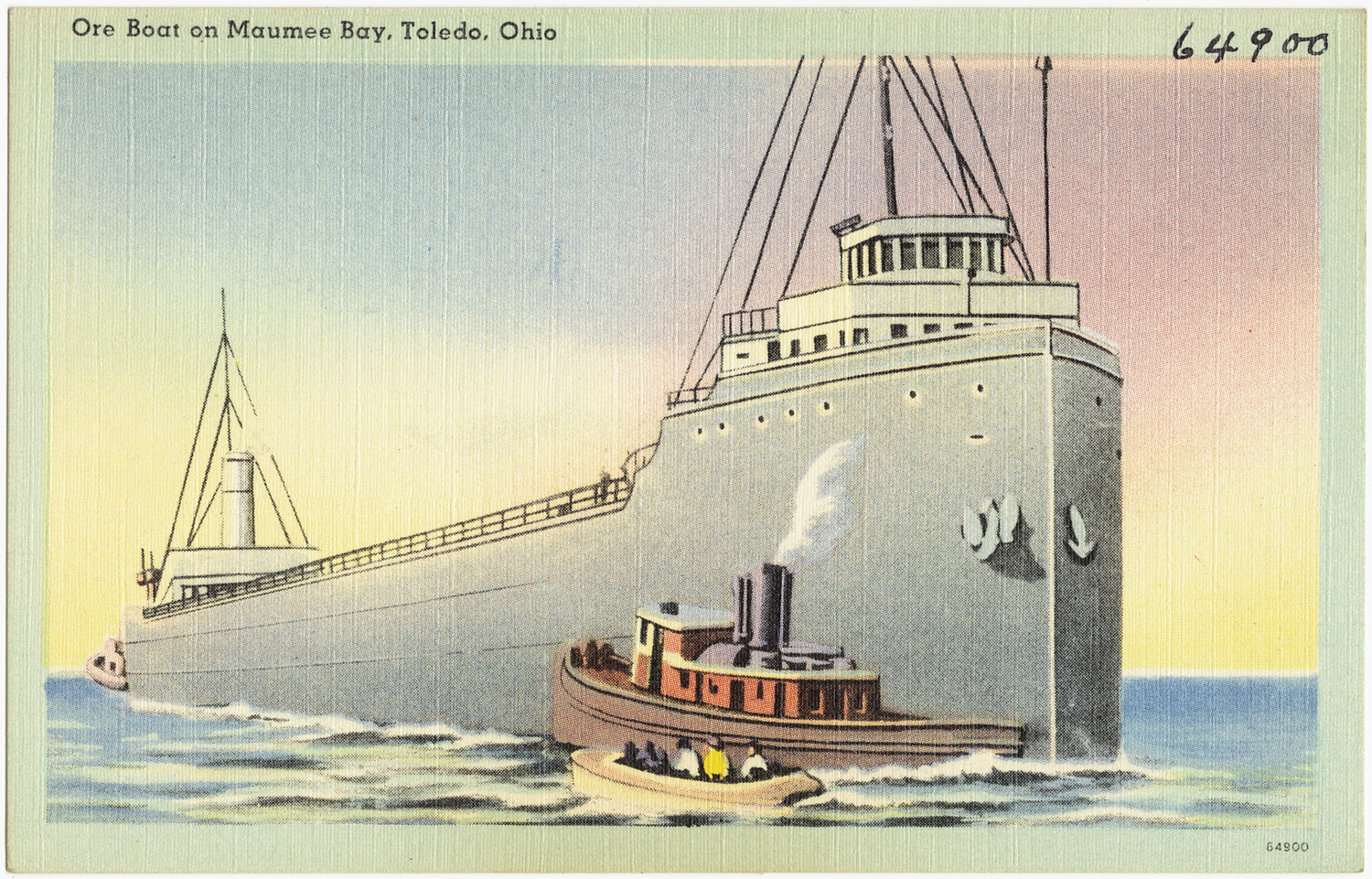 there is a postcard depicting a tugboat towing a huge ship
