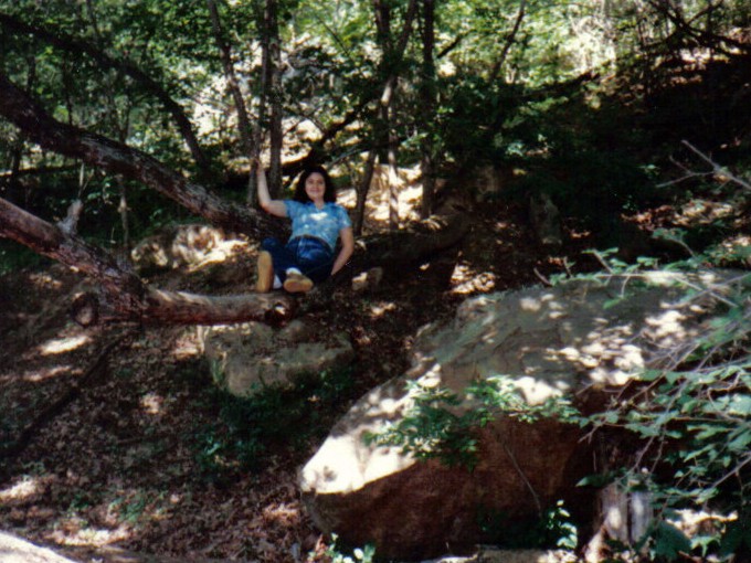 a person sitting on a log in the woods