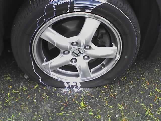 the front tire of a car on grass