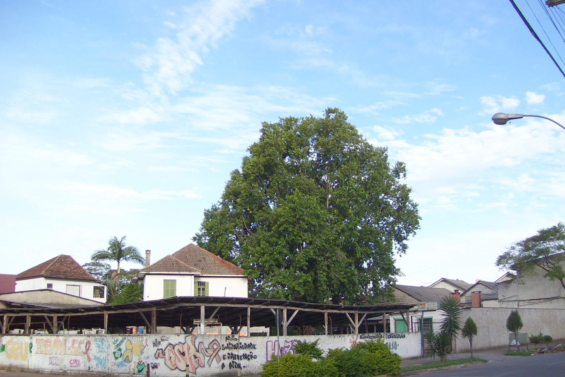 an outdoor food stand with graffiti in the foreground