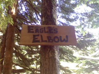 a sign attached to a tree that reads eagles elbow