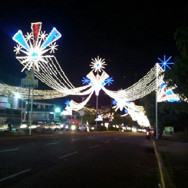 christmas lights and decorations lit up a street