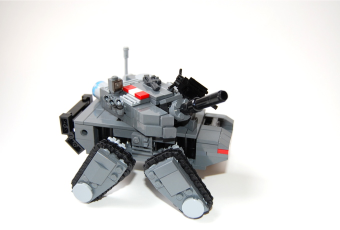 a gray and white lego model of an armored tank