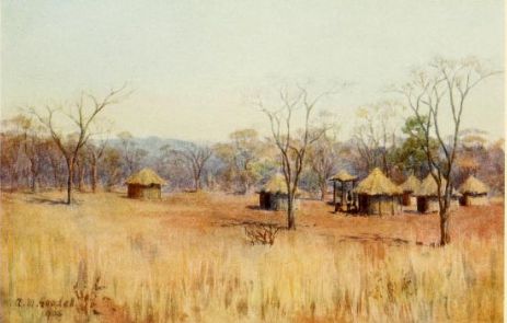 a painting of an out house and field