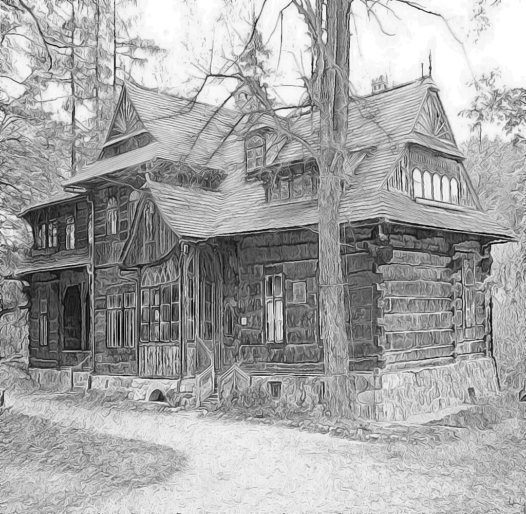 a black and white po of a house with trees