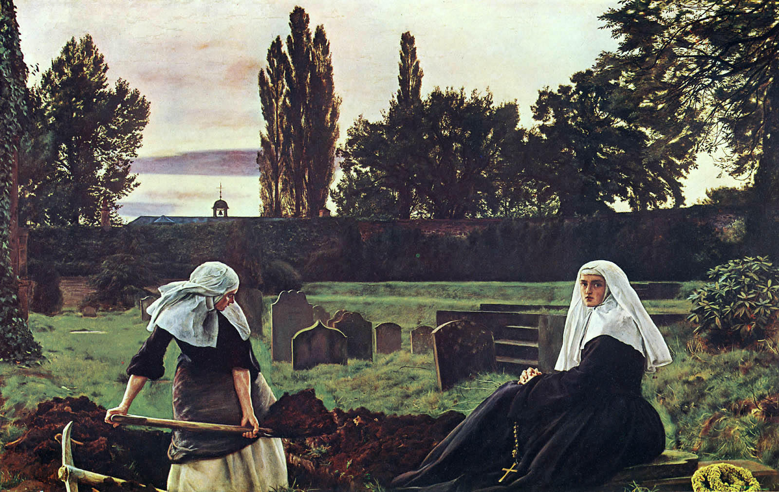 two women digging up some ground in the yard