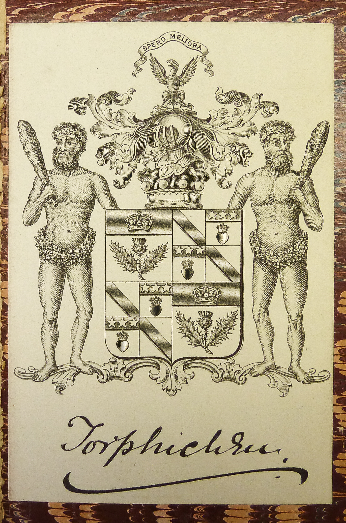 a drawing of two men standing in front of a shield with a coat on it