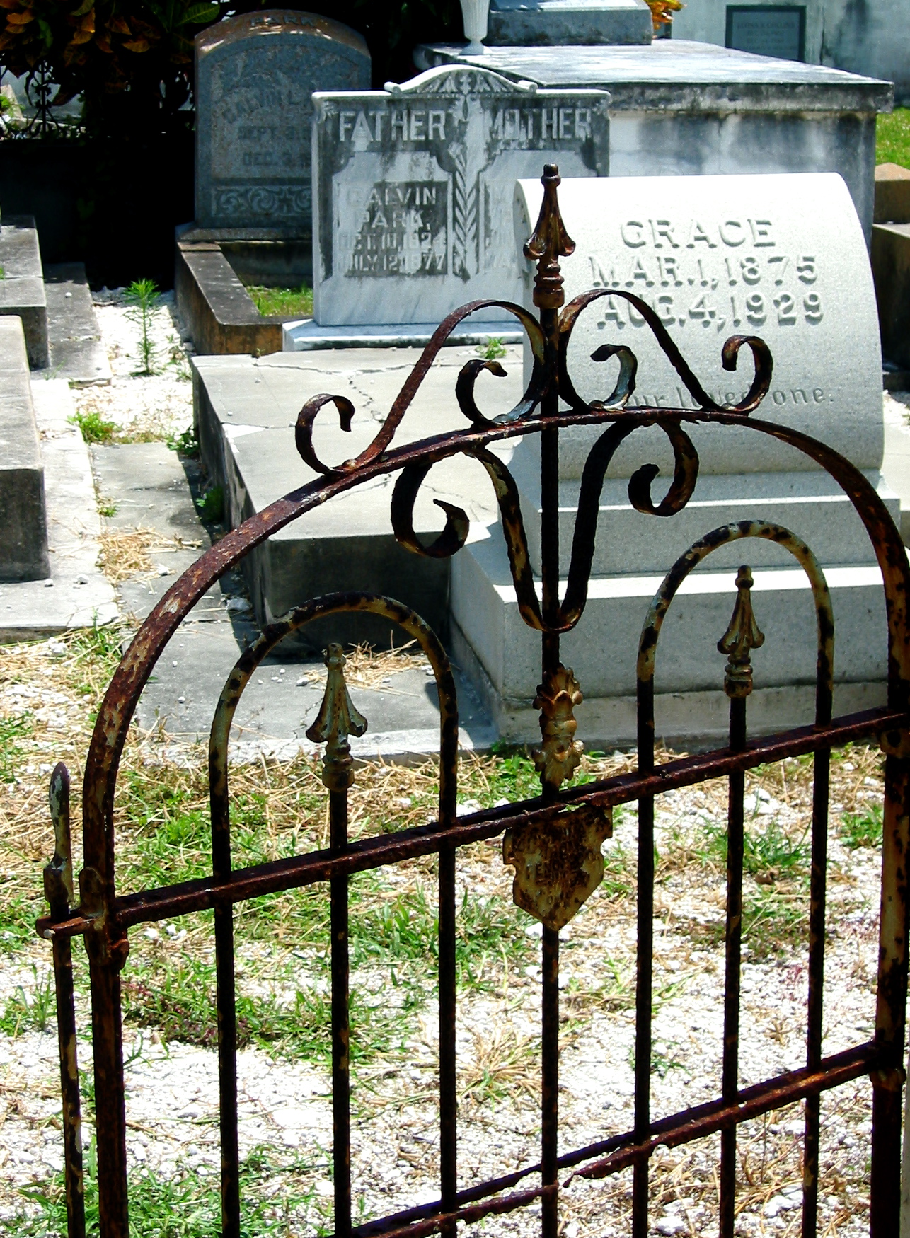 there is a metal gate next to the headstones