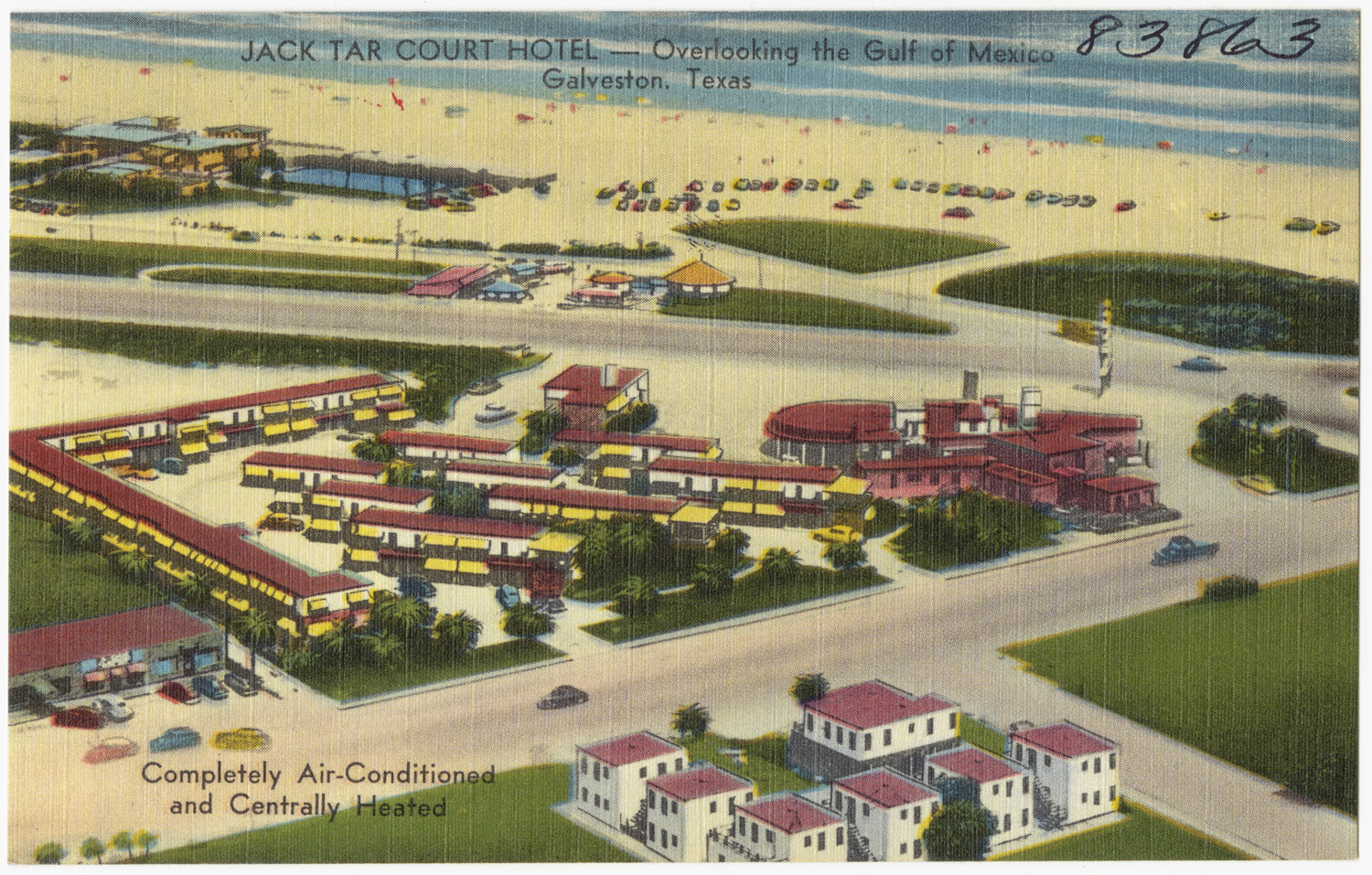 an old postcard features the beach resort and motels