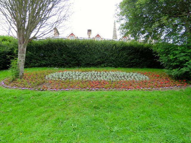 a circular flower bed in a park in front of a large tree
