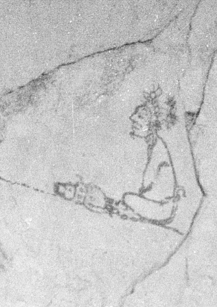 a cave drawing depicts a man kneeling down in a bowl with a dog