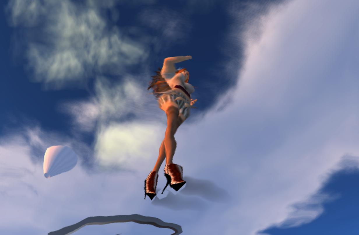 a girl is flying in the sky while floating on top of a cloud