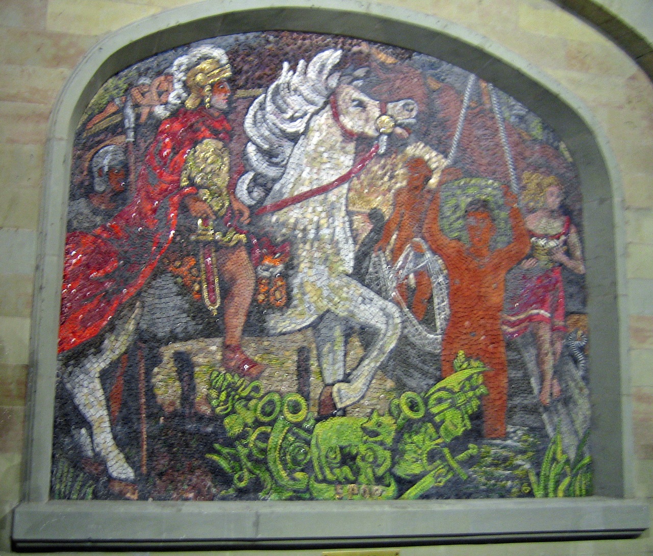 a mosaic of an old roman soldier riding on a horse