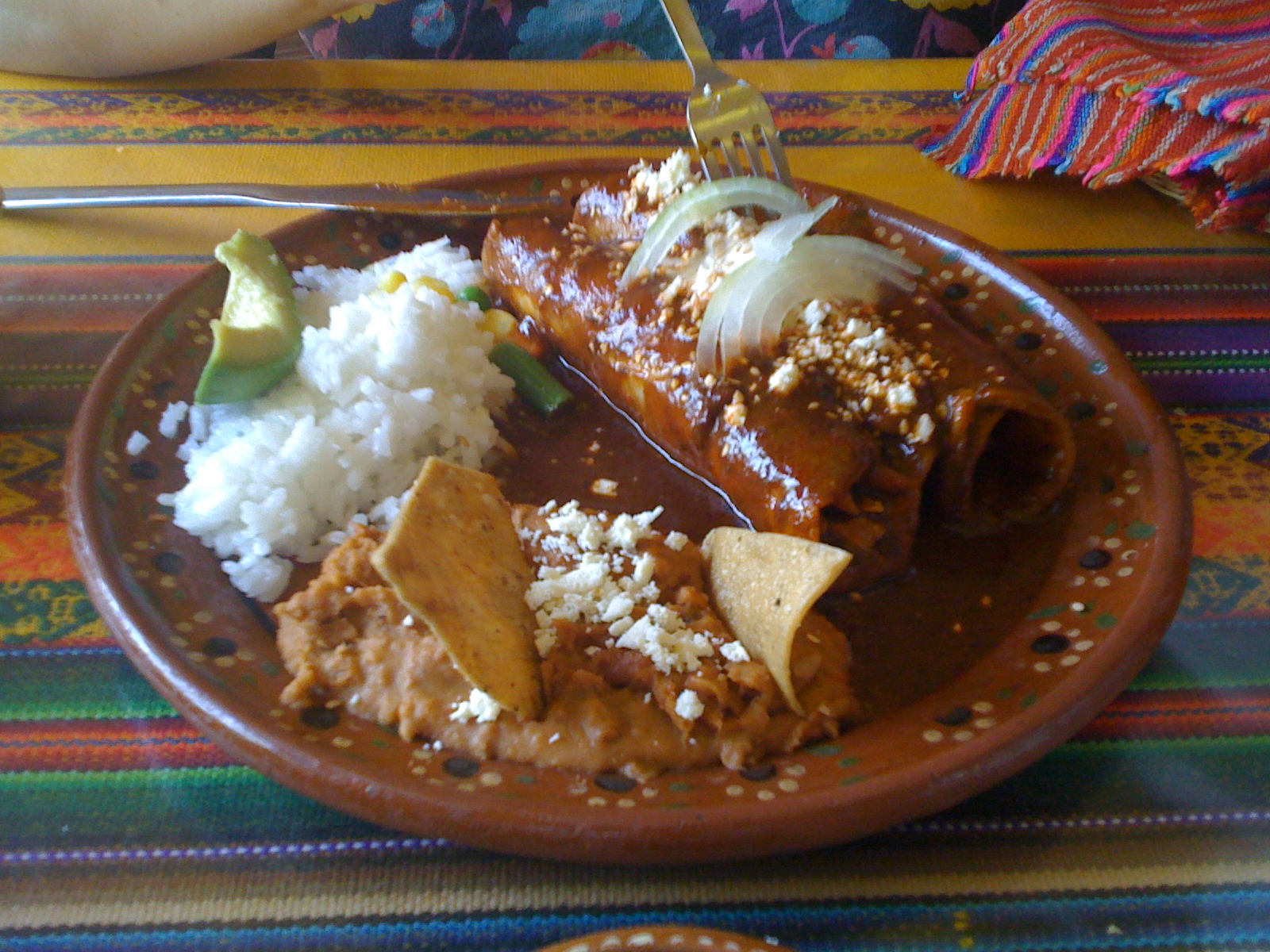 a plate topped with rice and tortilla sauce