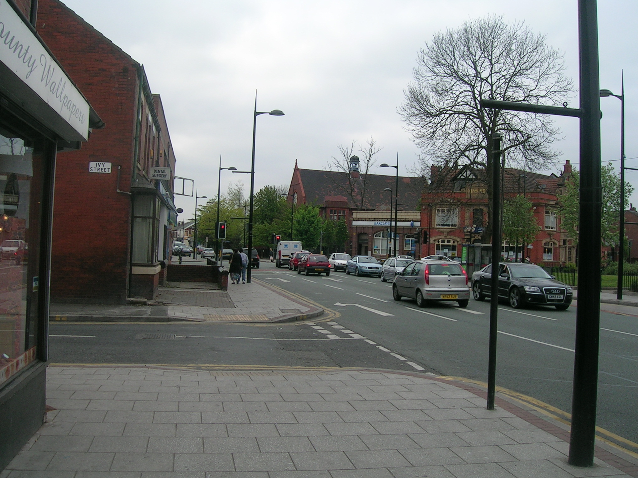 some cars driving down a street with trees